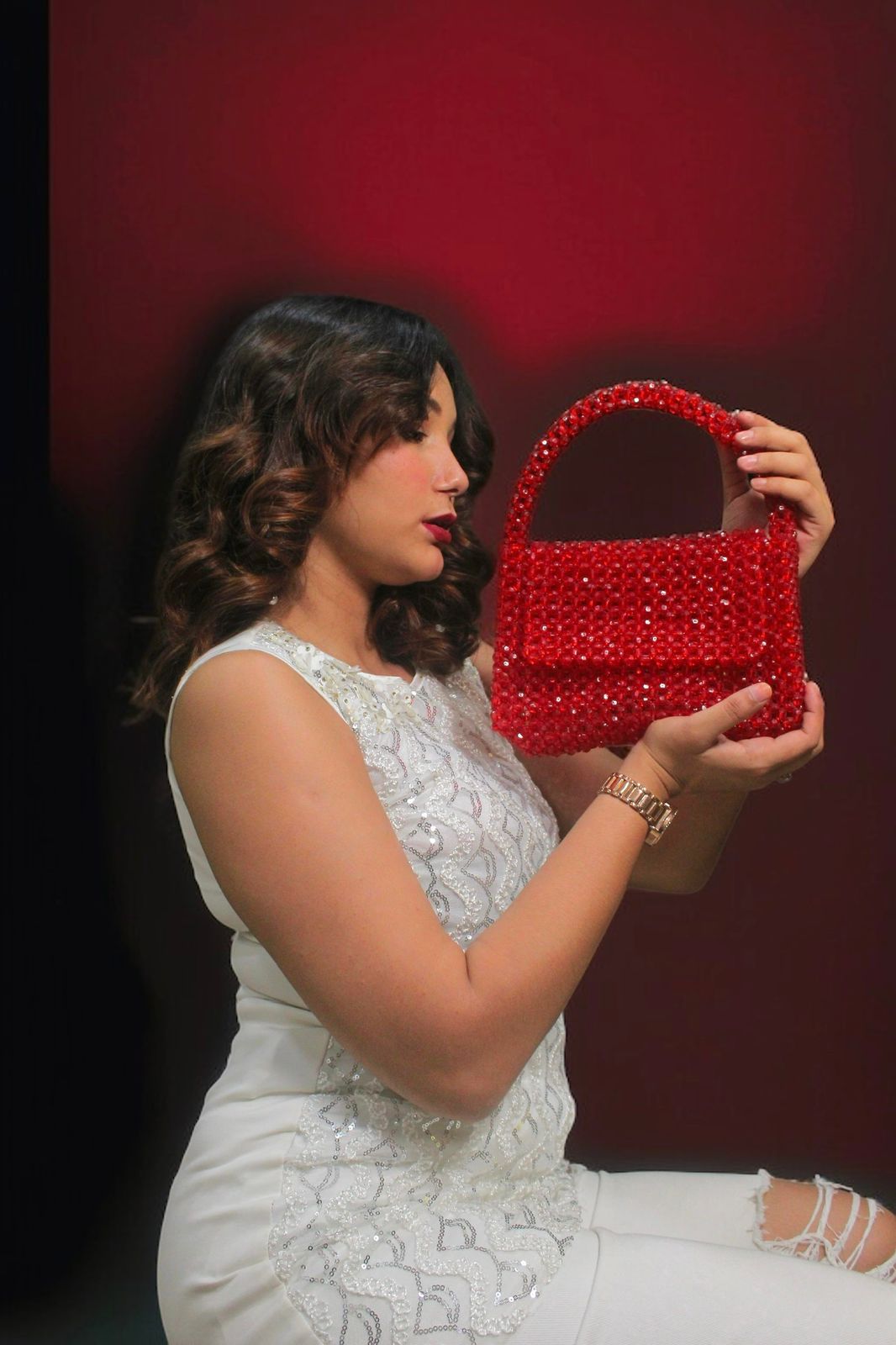 Red Beaded Handbag - Image 3