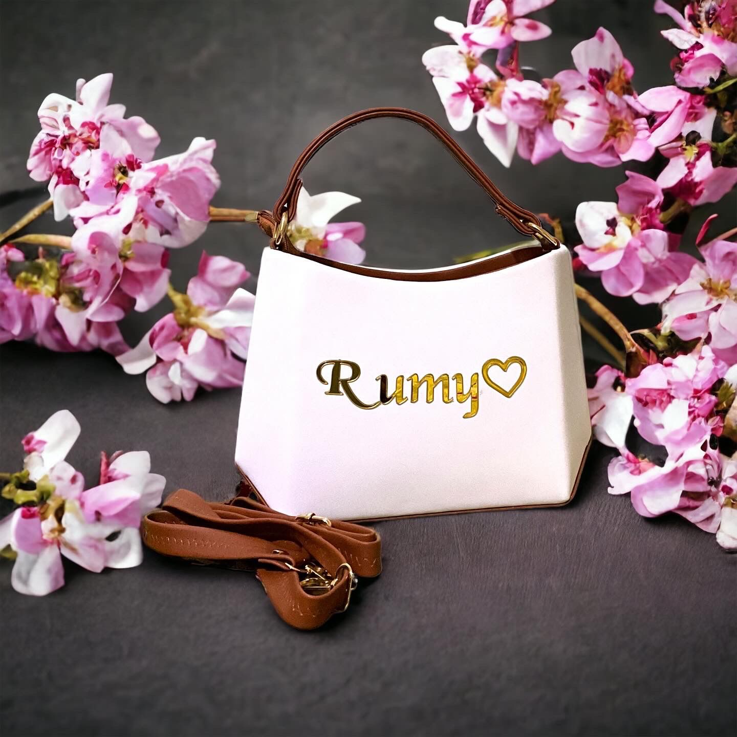 (Diamond Sling Bag) (White-Tan) - Image 2